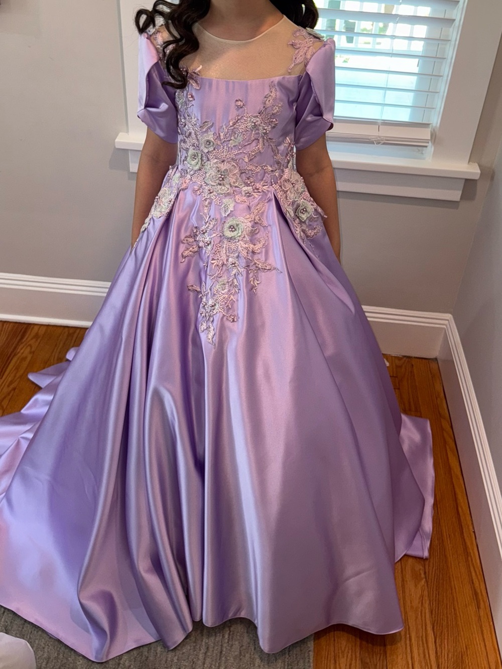 Flower Girls' Lilac Satin Floral-Appliqué Formal Dress